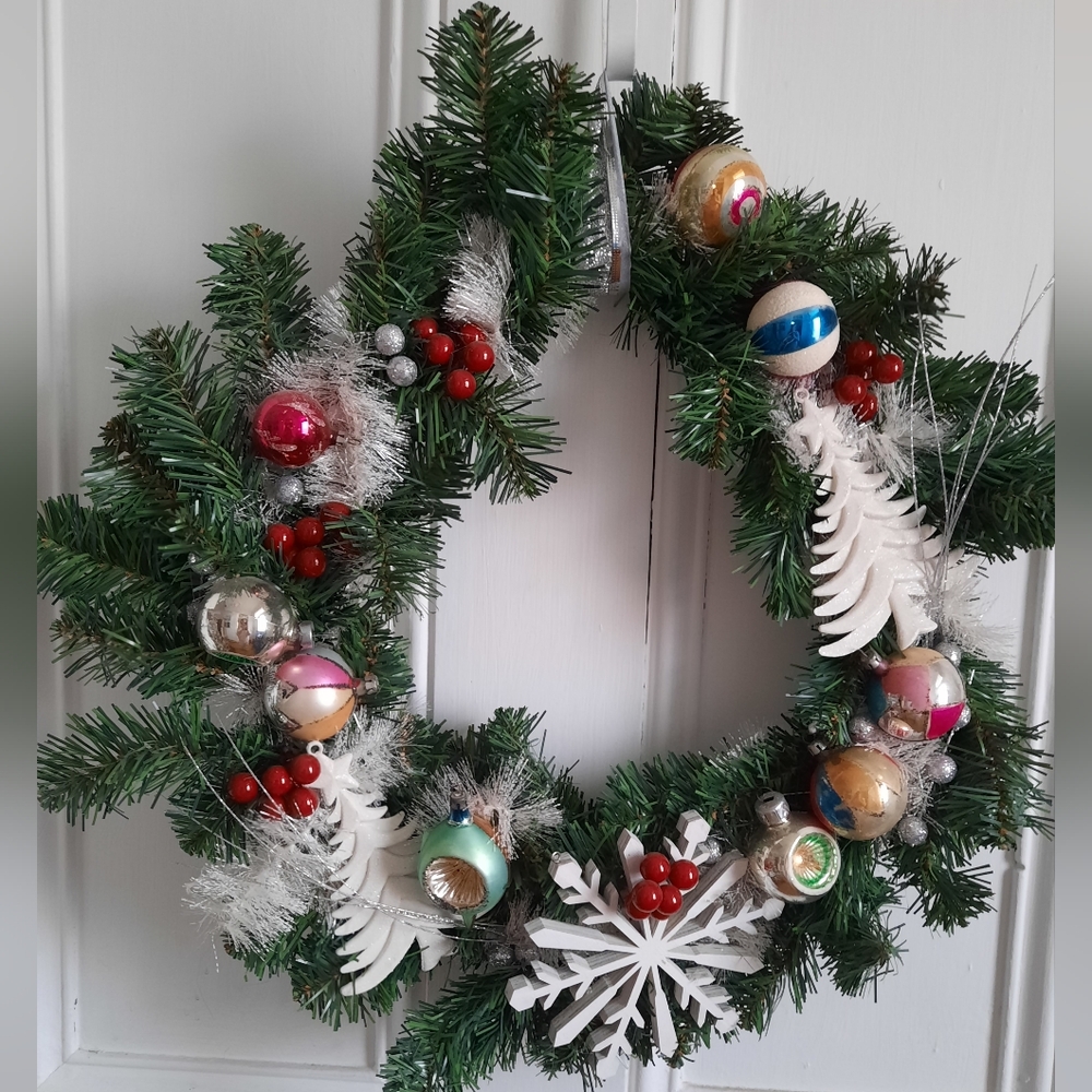 Mercury Glass ornaments on handmade wreath / 18 inches round / Vintage Holiday